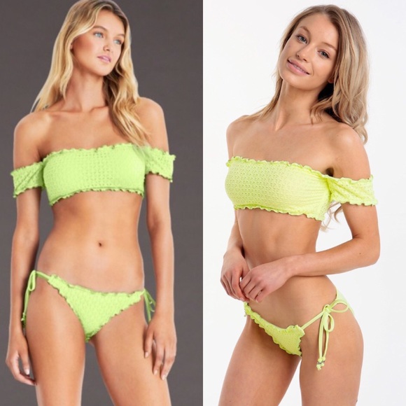 Seafolly | neon lime crochet ruffle bardot bikini - Picture 2 of 5